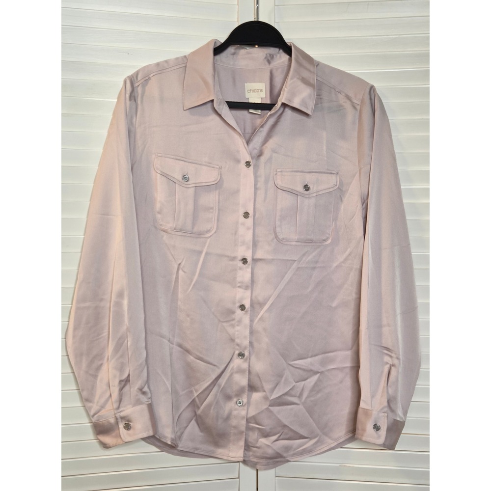 Chico's Button Down Shirt Size 10 Pink Long Sleeve Satin Finish Utility Blouse
